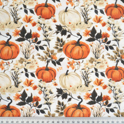 Cotton Fabric Pumpkins & Autumn Leaves on a White Background