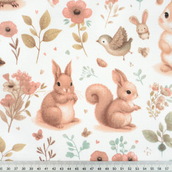 Cotton 100% Beige Owls and Squirrels on a White Background