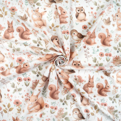 Cotton 100% Beige Owls and Squirrels on a White Background