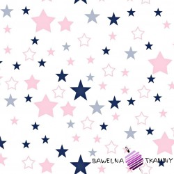 Bawełna gwiazdozbiór różowo granatowy na białym tle