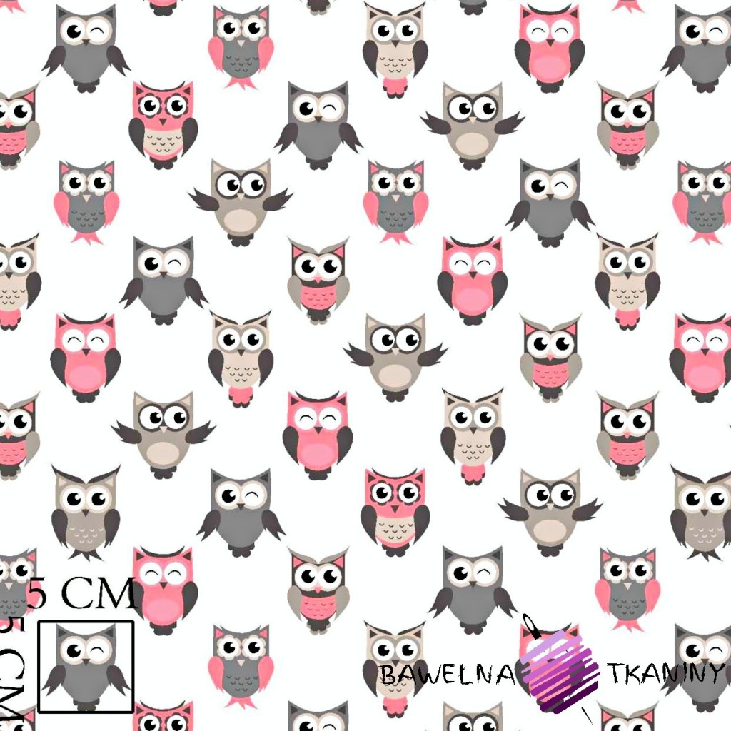 Cotton gray & pink owls on white background