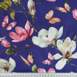 Cotton Fabric Magnolias & Butterflies on a Sapphire Background – 220 cm