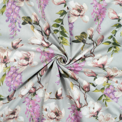 Bawełna 100% kwiaty magnolie i glicynie na szarym tle – 220 cm