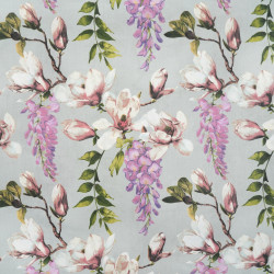 Bawełna 100% kwiaty magnolie i glicynie na szarym tle – 220 cm