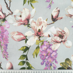 Bawełna 100% kwiaty magnolie i glicynie na szarym tle – 220 cm