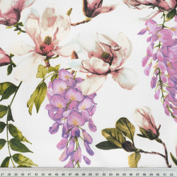 Bawełna 100% kwiaty magnolie i glicynie na białym tle – 220 cm