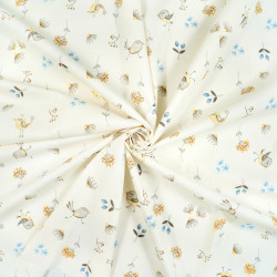 Cotton Fabric Birds & Blue Flowers on a Ecru Background