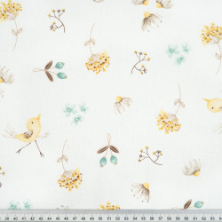 Cotton Fabric Birds & Green Flowers on a White Background