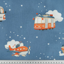 Cotton 100% Orange Vehicles on a Denim Blue Background