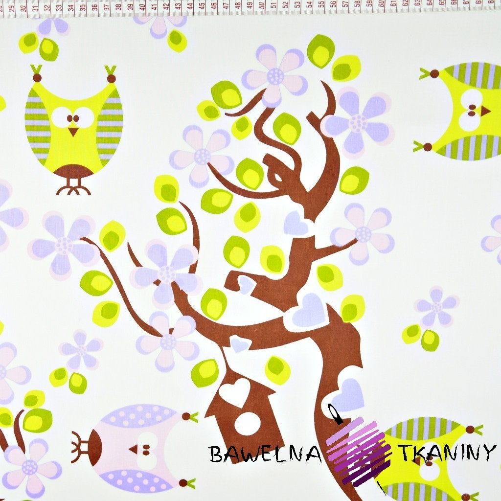 Cotton green & pink owls on tree on white background