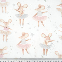 Cotton Fabric Pastel Ballerina Mice on a White Background