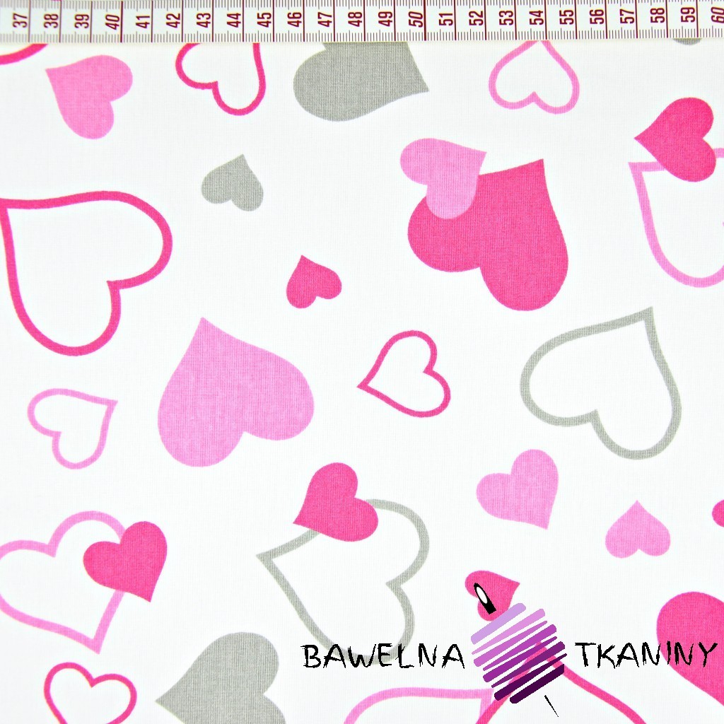 Cotton small & big pink hearts on white background