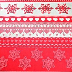 Cotton Christmas pattern with hearts on red background