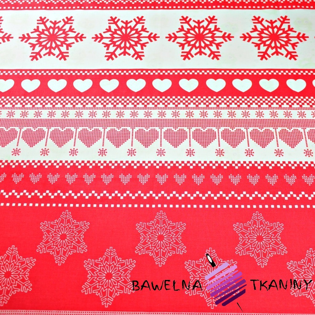Bawełna wzór świąteczny z sercami na czerwonym tle
