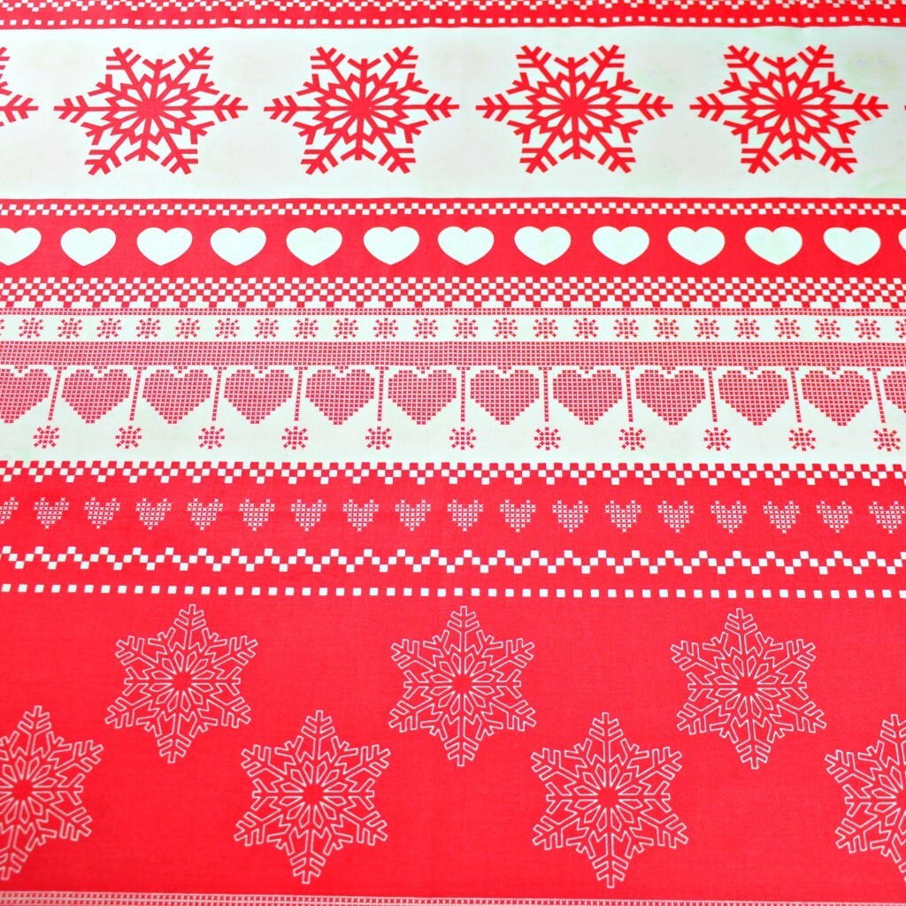 Cotton Christmas pattern with hearts on red background