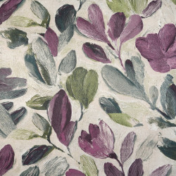Cotton Fabric Green & Purple Hand-Drawn Flowers on Beige Background