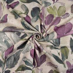 Cotton Fabric Green & Purple Hand-Drawn Flowers on Beige Background