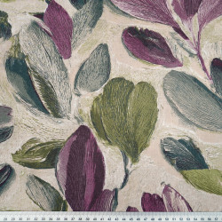 Cotton Fabric Green & Purple Hand-Drawn Flowers on Beige Background