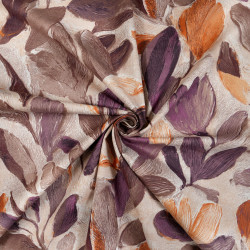 Cotton Fabric Brown & Purple Hand-Drawn Flowers on Beige Background
