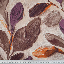 Cotton Fabric Brown & Purple Hand-Drawn Flowers on Beige Background