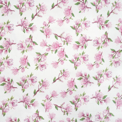Cotton Fabric Small Pink Magnolias on a White Background