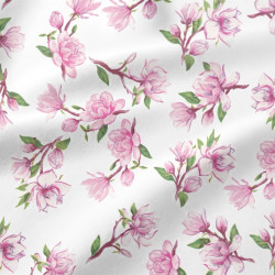 Cotton Fabric Small Pink Magnolias on a White Background
