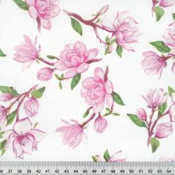 Cotton Fabric Small Pink Magnolias on a White Background