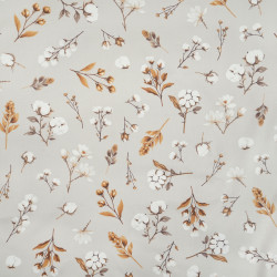 Cotton Fabric Cotton Blossoms & Branches on a Beige Background