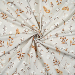 Cotton Fabric Cotton Blossoms & Branches on a Beige Background