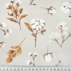 Cotton Fabric Cotton Blossoms & Branches on a Beige Background