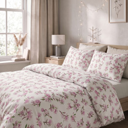 Cotton Fabric Small Pink Magnolias on a White Background