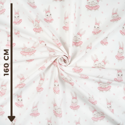 Cotton Fabric Rabbits in Pink Skirts on a White Background