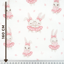 Cotton Fabric Rabbits in Pink Skirts on a White Background