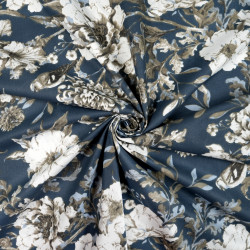 Cotton Fabric Large Peonies & Birds on a Navy Background