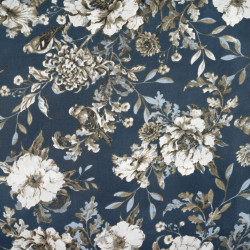 Cotton Fabric Large Peonies with Birds on a Navy Background