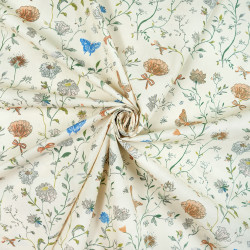 Cotton Fabric Floral Vines & Blue Butterflies on an Ecru Background