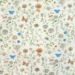 Cotton Fabric Floral Vines & Blue Butterflies on an Ecru Background