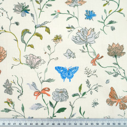 Cotton Fabric Floral Vines & Blue Butterflies on an Ecru Background