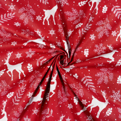 Cotton Fabric White Reindeer on a Red Background