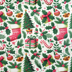 Cotton Fabric Christmas Trees, Gifts & Stockings on a White Background