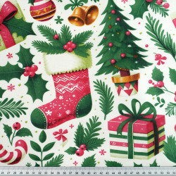 Cotton Fabric Christmas Trees, Gifts & Stockings on a White Background