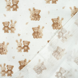 Printed Muslin Double Gauze – Brown Beige Bears & Bunnies