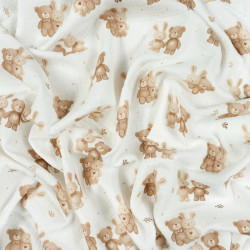 Printed Muslin Double Gauze – Brown Beige Bears & Bunnies