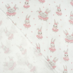 Printed Muslin Double Gauze – Rabbits in Pink Skirts