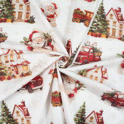 Cotton Fabric Magical Santa’s Village on a White Background