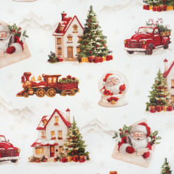 Cotton Fabric Magical Santa’s Village on a White Background