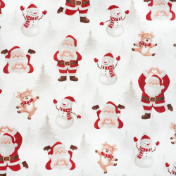 Cotton Fabric Santa & Cheerful Reindeer on a White Background