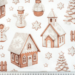 Cotton Fabric Beige Gingerbread Village on a White Background