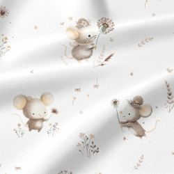 Cotton 100% Beige Mice & Dandelions on a White Background