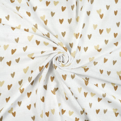 Cotton Gauze Beige & Brown Hearts on a White Background